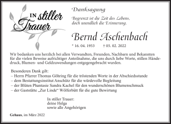 Traueranzeige von Bernd Aschenbach von Südthüringer Presse
