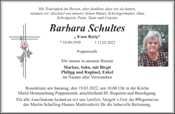 Traueranzeige von Barbara Schultes von Frankenpost