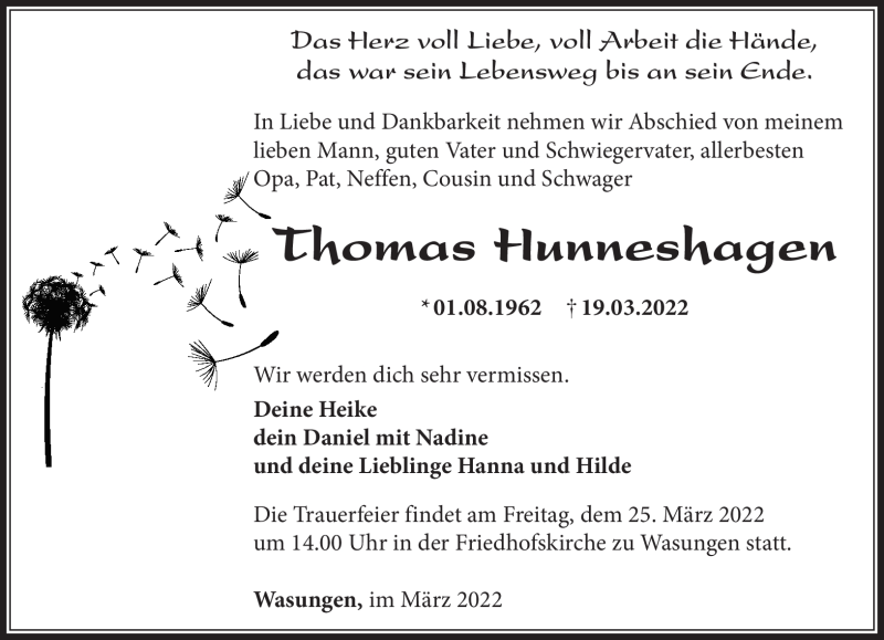  Traueranzeige für Thomas Hunneshagen vom 23.03.2022 aus Südthüringer Presse