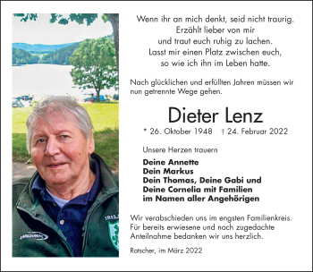 Traueranzeige von Dieter Lenz von Südthüringer Presse