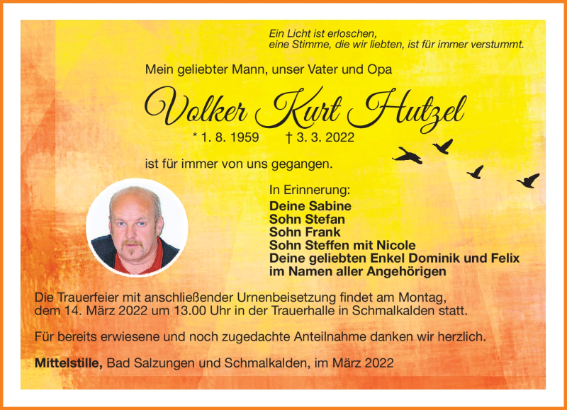  Traueranzeige für Volker Kurt Hutzel vom 11.03.2022 aus Südthüringer Presse