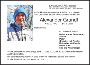Traueranzeige von Alexander Grundl von Frankenpost