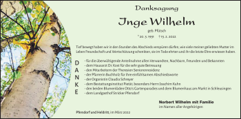 Traueranzeige von Inge Wilhelm von Südthüringer Presse