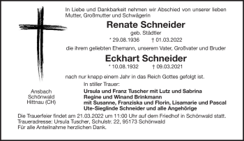 Traueranzeige von RenateEckhart SchneiderSchneider von Frankenpost