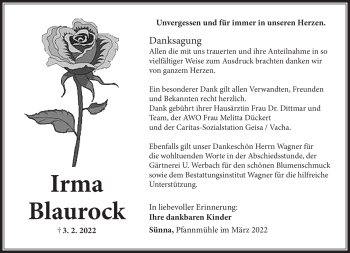 Traueranzeige von Irma Blaurock von Südthüringer Presse
