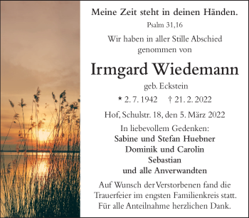 Traueranzeige von Irmgard Wiedemann von Frankenpost
