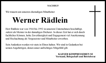 Traueranzeige von Werner Rädlein von Neue Presse Coburg