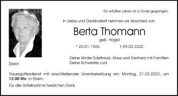 Traueranzeige von Berta Thomann von Neue Presse Coburg