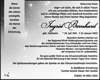 Traueranzeige von Ingrid Bernhard von Südthüringer Presse