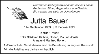 Traueranzeige von Jutta Bauer von Frankenpost