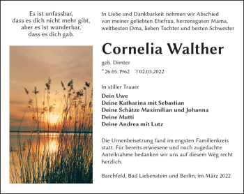 Traueranzeige von Cornelia Walther von Südthüringer Presse