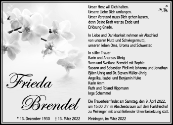 Traueranzeige von Frieda Brendel von Südthüringer Presse