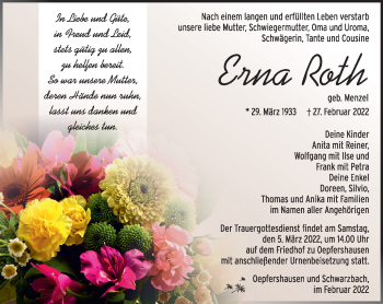 Traueranzeige von Erna Roth von Südthüringer Presse