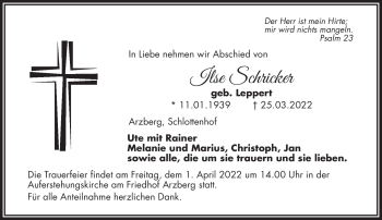 Traueranzeige von Ilse Schricker von Frankenpost