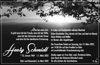 Traueranzeige von Henry Schmidt von Südthüringer Presse