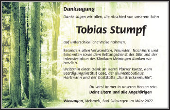 Traueranzeige von Tobias Stumpf von Südthüringer Presse
