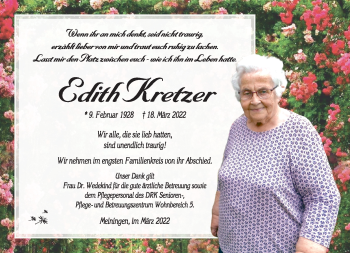 Traueranzeige von Edith Kretzer von Südthüringer Presse