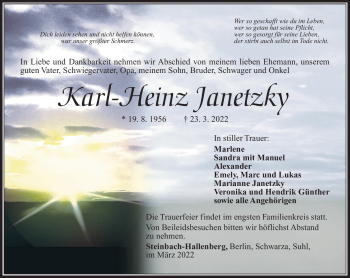 Traueranzeige von Karl-Heinz Janetzky von Südthüringer Presse