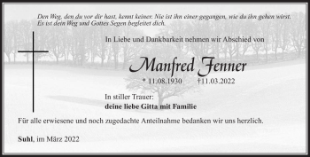 Traueranzeige von Manfred Fenner von Südthüringer Presse