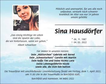 Traueranzeige von Sina Hausdörfer von Südthüringer Presse