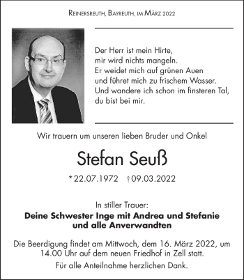 Traueranzeige von Stefan Seuß von Frankenpost