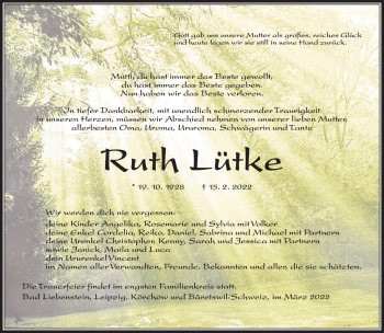 Traueranzeige von Ruth Lütke von Südthüringer Presse