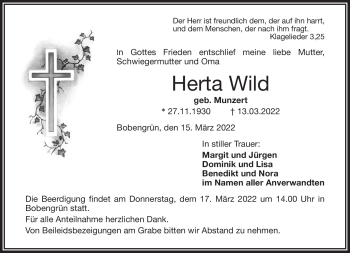 Traueranzeige von Herta Wild von Frankenpost
