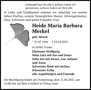 Traueranzeige von Heide Merkel von Südthüringer Presse