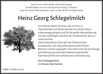 Traueranzeige von Heinz Georg Schlegelmilch von Südthüringer Presse