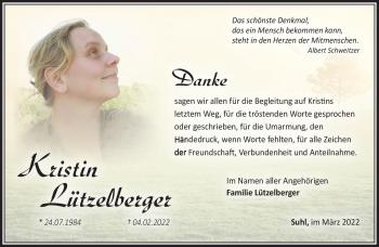 Traueranzeige von Kristin Lützelberger von Südthüringer Presse
