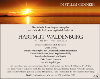 Traueranzeige von Hartmut Waldenburg von Südthüringer Presse