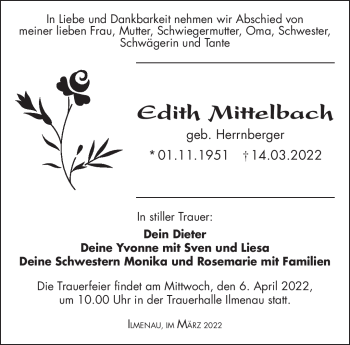 Traueranzeige von Edith Mittelbach von Südthüringer Presse