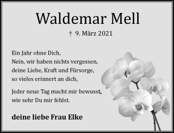 Traueranzeige von Waldemar Mell von Südthüringer Presse