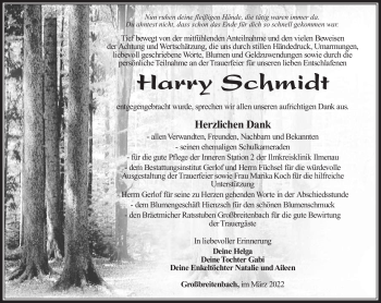 Traueranzeige von Harry Schmidt von Südthüringer Presse