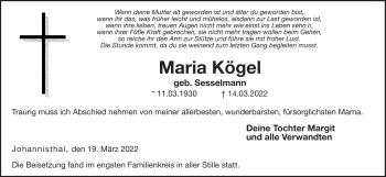 Traueranzeige von Maria Kögel von Neue Presse Coburg