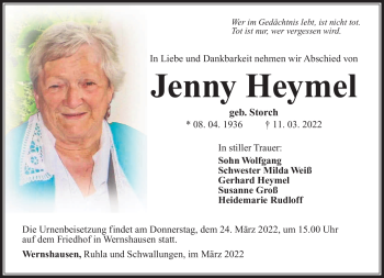 Traueranzeige von Jenny Heymel von Südthüringer Presse