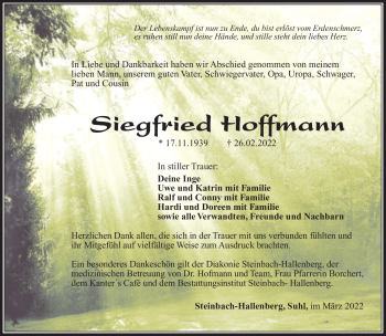 Traueranzeige von Siegfried Hoffmann von Südthüringer Presse