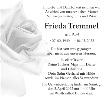 Traueranzeige von Frieda Tremmel von Frankenpost