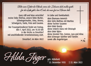 Traueranzeige von Hilda Jäger von Südthüringer Presse