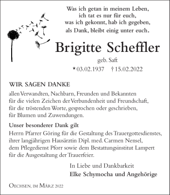 Traueranzeige von Brigitte Scheffler von Südthüringer Presse
