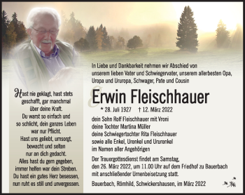 Traueranzeige von Erwin Fleischhauer von Südthüringer Presse