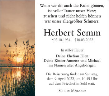 Traueranzeige von Herbert Semm von Südthüringer Presse
