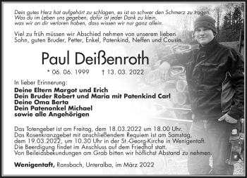Traueranzeige von Paul Deißenroth von Südthüringer Presse