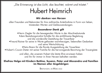Traueranzeige von Hubert Heimrich von Südthüringer Presse