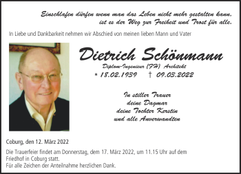 Traueranzeige von Dietrich Schönmann von Neue Presse Coburg