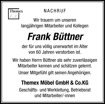 Traueranzeige von Frank Büttner von Südthüringer Presse