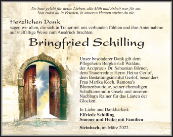 Traueranzeige von Bringfried Schilling von Südthüringer Presse