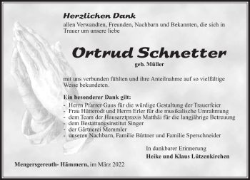 Traueranzeige von Ortrud Schnetter von Südthüringer Presse