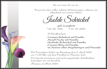 Traueranzeige von Isolde Schrickel von Südthüringer Presse