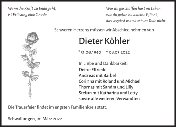 Traueranzeige von Dieter Köhler von Südthüringer Presse